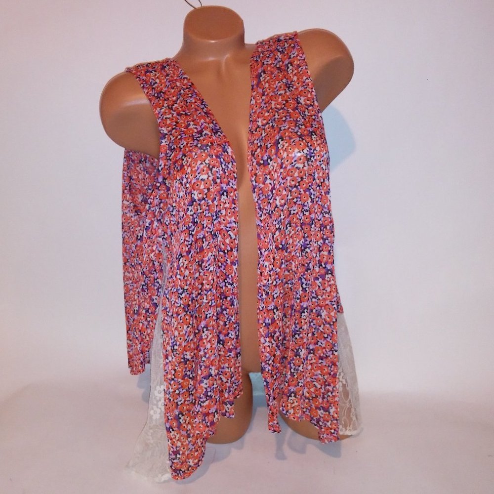LYS Blouse Cardigan Open Front Red Purple Floral Chiffon‎ Sheer Lace Trim 1X Pit